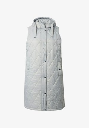 Gilet imbottito senza maniche in grigio chiaro, con cappuccio, tasche laterali e chiusure a scatto. Realizzato in materiale liscio e leggermente riflettente.