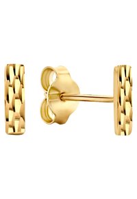 Ohrringe aus Gold mit einem strukturierten rechteckigen Design, ausgestattet mit einem glatten Rückenteil und einem blütenförmigen Verschluss für einen sicheren Sitz.