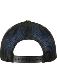 Zwarte mesh baseballcap met een blauwe verloop, verstelbare kunststof band aan de achterkant en een metalen knop bovenop. Textuur op het oppervlak.