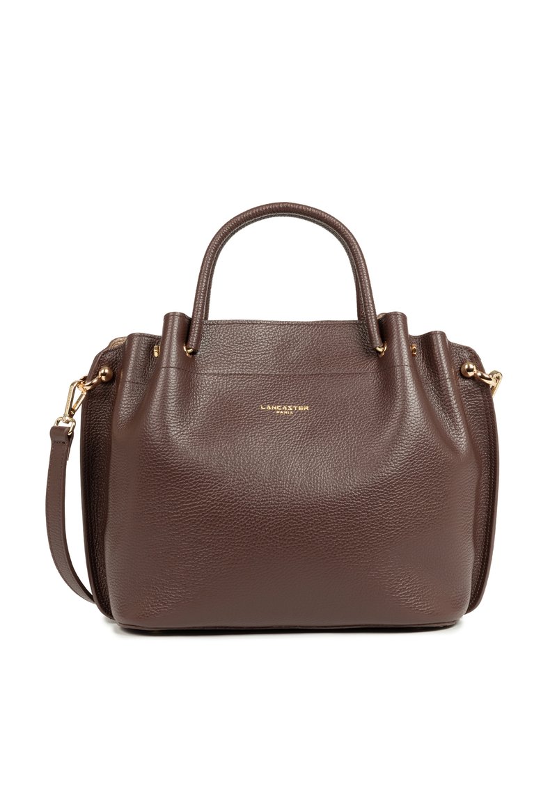 Bruine leren handtas met bovenhandvatten en een afneembare schouderband. Beschikt over een gestructureerde afwerking en gouden hardwareaccenten.
