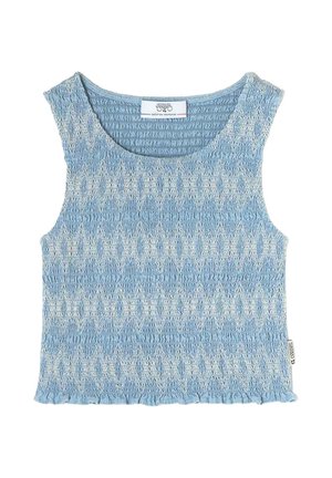 Hellblaues Top mit strukturierter Oberfläche, rundem Halsausschnitt, breiten Trägern und einem gerafften Saum. Aus elastischem Material gefertigt.