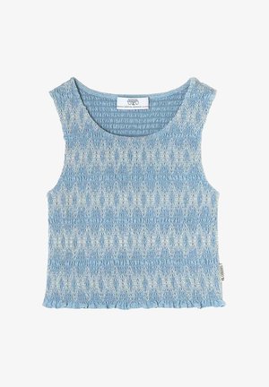 Hellblaues Top mit strukturierter Oberfläche, rundem Halsausschnitt, breiten Trägern und einem gerafften Saum. Aus elastischem Material gefertigt.