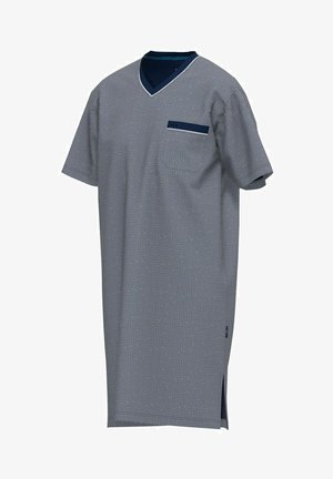 Gray and navy short-sleeve hospital gown with a V-neck, pocket, geometric pattern, side slits, and a comfortable fabric texture.