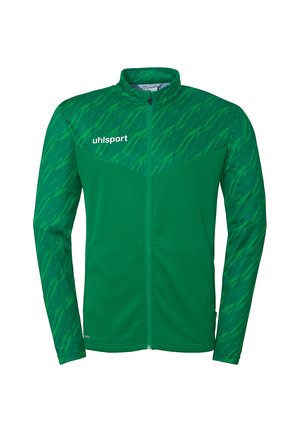 Grøn atletisk jakke med høj krave, fuld lynlås og lange ærmer, der har et tekstureret design på den øverste del og logo.