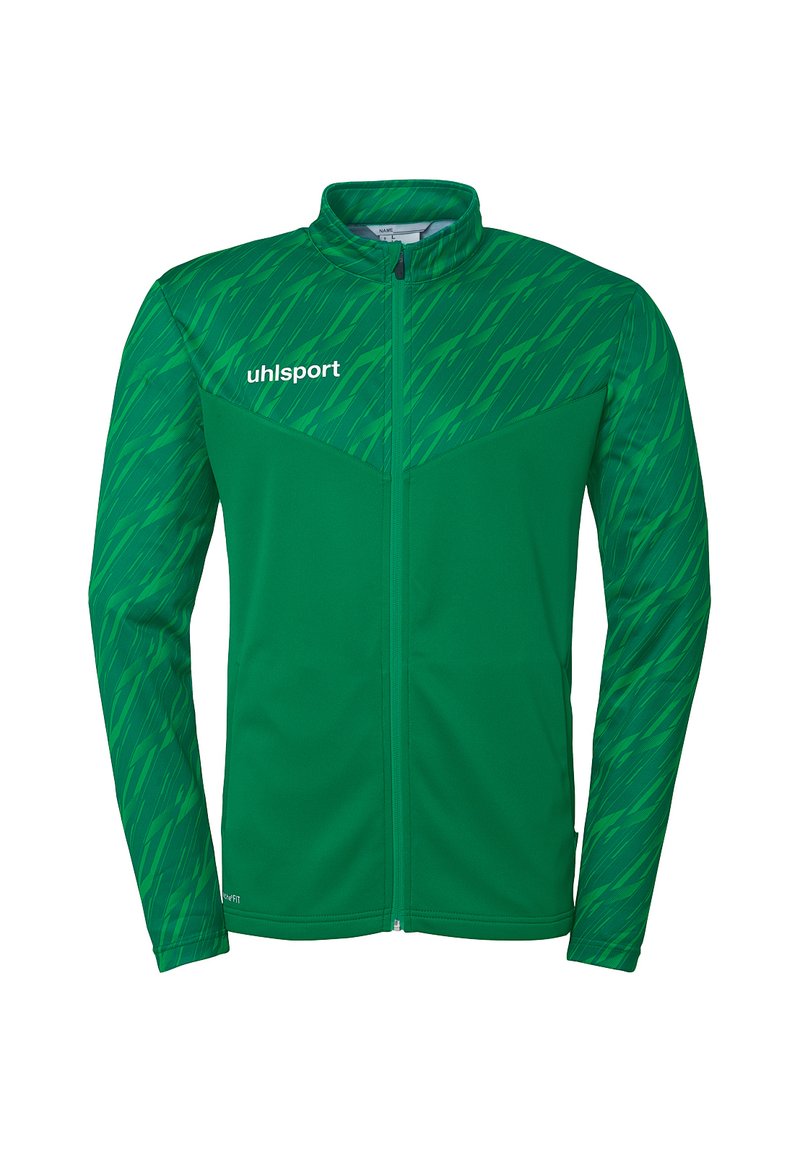 Grøn atletisk jakke med høj krave, fuld lynlås og lange ærmer, der har et tekstureret design på den øverste del og logo.