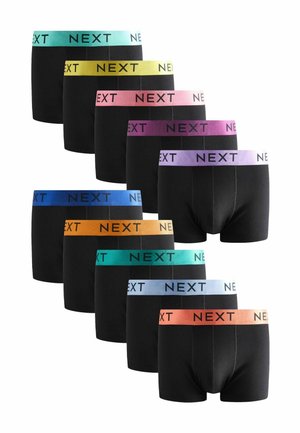 Schwarze Boxer-Shorts mit verschiedenen farbigen Bündchen: Türkis, Gelb, Pink, Lila, Blau, Orange und Grün, alle mit "NEXT"-Markierung.