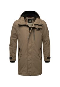 Bežs parka ar kapuci, ar rāvējslēdzēju priekšpusē, sānu kabatām un regulējamiem piedurknēm. Iezīmē mīksts iekšējais oderējums un melni akcenti.