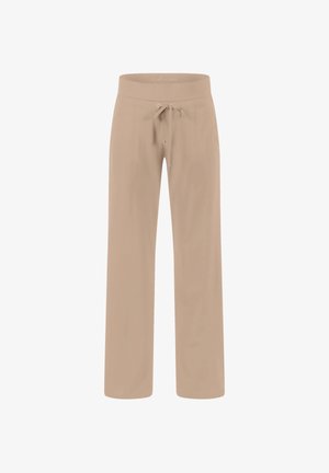 Beige casual pants with a drawstring waist and wide straight legs, designed for comfort and relaxed fit.