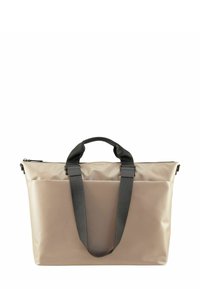Sac fourre-tout imperméable beige avec des sangles réglables grises, fermeture éclair et une finition lisse et mate. Il dispose de poignées supérieures doubles pour plus de polyvalence.