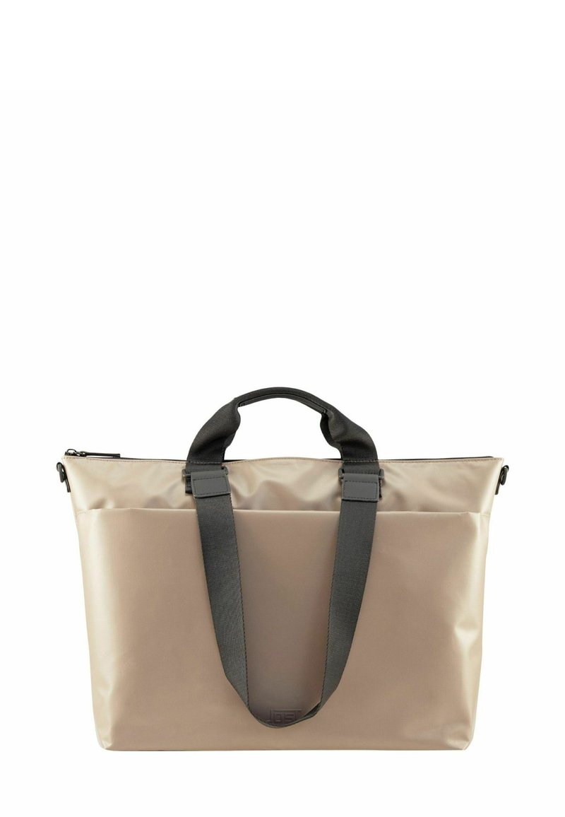Sac fourre-tout imperméable beige avec des sangles réglables grises, fermeture éclair et une finition lisse et mate. Il dispose de poignées supérieures doubles pour plus de polyvalence.