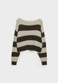 Striped sweater in beige and dark brown, knitted texture, wide neckline, cropped length, with long sleeves and dropped shoulder seams.