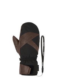 Braune und schwarze Handschuhe aus Leder und Textil, mit einem engen Bündchen, verstellbarem Riemen und Logodetail auf der Außenseite.