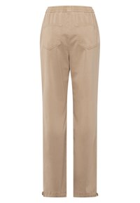 Beige pants with an elastic waistband, two back pockets, and straight legs. Material appears soft with a smooth texture. Adjustable hem details.