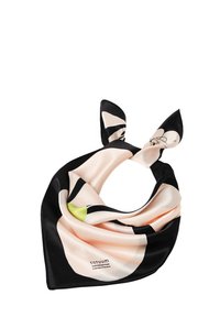 Sciarpa di seta con base nera e forme astratte in rosa chiaro e verde, caratterizzata da una texture morbida e estremità appuntite per essere annodata.