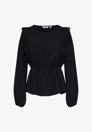 Blouse noire à manches longues avec taille froncée, tissu texturé et détails en dentelle le long des épaules. Encolure arrondie et manches ballon.