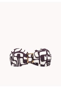 Bikini-top met een strapless ontwerp, een paars-wit abstract patroon en een grote beige luipaardprint gesp in het midden.
