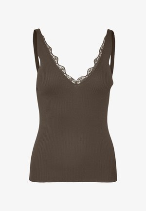 Brūns ribots trikotāžas bezroku tops ar V veida izgriezumu, kas apšūts ar smalku mežģīni.