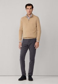 Uomo in piedi che indossa un maglione beige a zip sul collo sopra una camicia a righe blu, pantaloni grigi e scarpe nere su uno sfondo grigio chiaro.