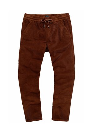 Pantaloni in velluto a coste marroni con vita regolabile tramite cordino, due tasche laterali e una superficie testurizzata. Design a gamba affusolata con tessuto a coste.