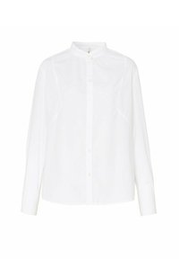 White long-sleeve blouse with mandarin collar and front button closure, featuring a tailored fit and subtle seam detailing.