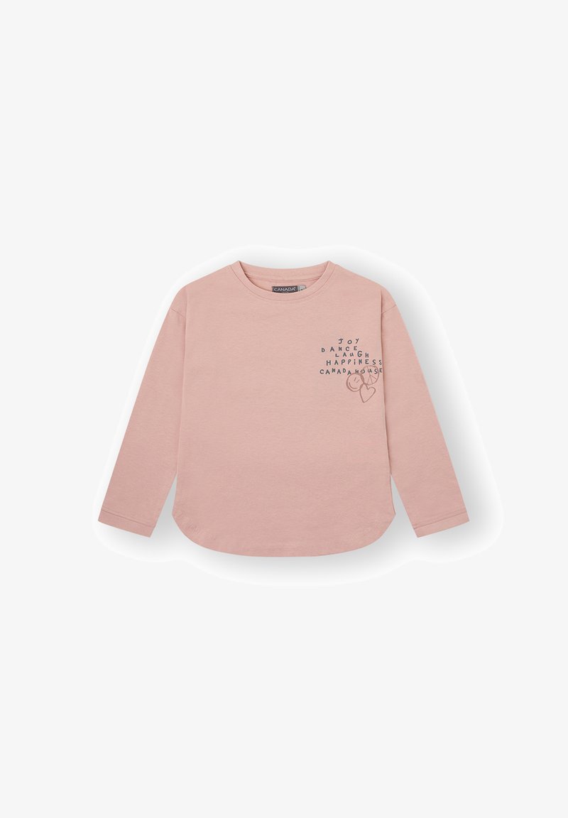 Camiseta de manga larga rosa claro en algodón suave, con dobladillo redondeado, cuello redondo e impresión de texto e ilustración en el frente.