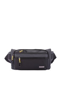 Borsa a vita nera realizzata in tessuto resistente, dotata di due scomparti con zip, tiranti gialli e una tracolla regolabile.
