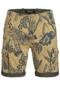 Shorts cargo beige avec des motifs floraux et de feuilles bleu foncé. Dotés de poches latérales et d'ourlets roulés. Fabriqués en tissu léger.