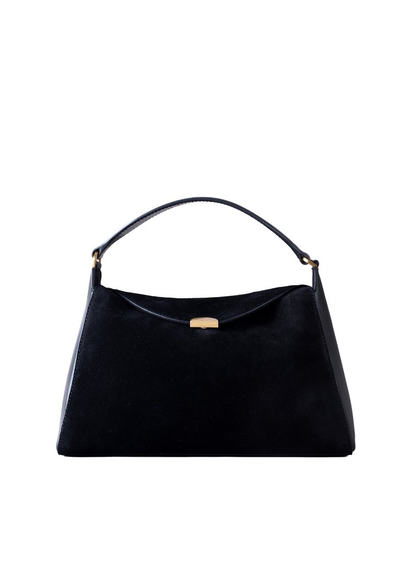Black triangular-shaped handbag with a single curved handle and central gold-tone clasp on a white background.