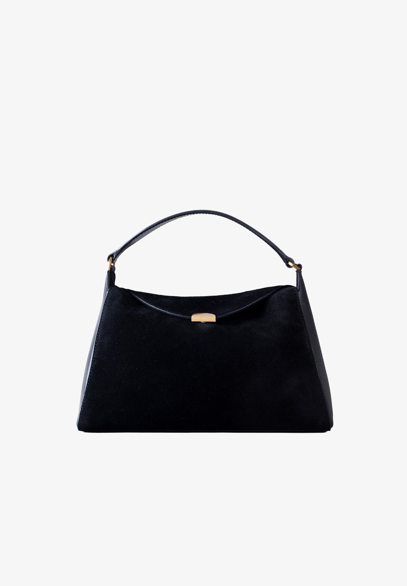 Black triangular-shaped handbag with a single curved handle and central gold-tone clasp on a white background.