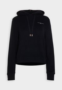 Czarna bluza z kapturem wykonana z miękkiego materiału, z regulowanym kapturem ze metalowymi końcówkami, ściągaczami na rękawach i skróconym dołem. Małe logo z przodu.