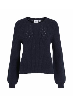 Navy knitted sweater featuring vertical ribbing and an openwork pattern. Long sleeves with slightly gathered cuffs, round neckline.