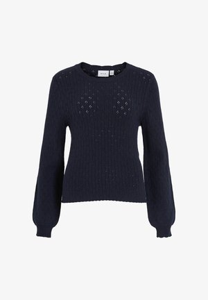 Naktisdzils adīts džemperis ar vertikālu ribojumu un caurumu rakstu. Garas piedurknes ar viegli savāktām aprocēm, apaļa izgriezuma kakls.