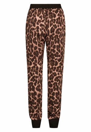 Leopardjevi trenirki v roza in rjavi barvni paleti, z elastičnim pasom in črnimi manšetami na gležnjih.