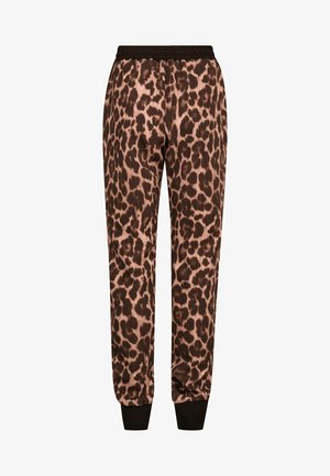 Leopardenmuster-Sweatpants in einer rosa-braunen Farbpalette, mit elastischem Bund und schwarzen, gerippten Beinabschlüssen am Knöchel.