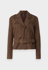 Brown plaid motorcycle jacket with a belt, featuring a diagonal zipper, side pocket, and lapel collar. Made from textured fabric.