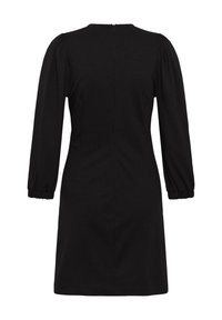 Rochie neagră cu mâneci lungi bufante, decolteu rotund și fermoar ascuns în spate. Textură netedă și croială ajustată, cu lungime până la genunchi.