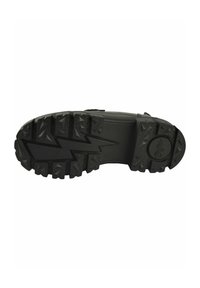 Sole in gomma nera con un motivo di battistrada robusto. Presenta un design a forma di fulmine rialzato al centro e un emblemma circolare del marchio.