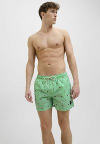 Bañador de rayas verdes con patrones de frutas rojas, cintura elástica y cordón. Material ligero, longitud a mitad del muslo.