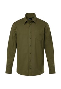 Camicia a maniche lunghe verde oliva con colletto, chiusura a bottoni sul davanti, una tasca sul petto e bottoni scuri. Tessuto morbido, design a vestibilità dritta.