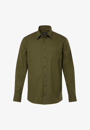 Olivengrøn langærmet skjorte med krave, knaplukning foran, en enkelt brystlomme og mørke knapper. Glat tekstur, lige pasform.