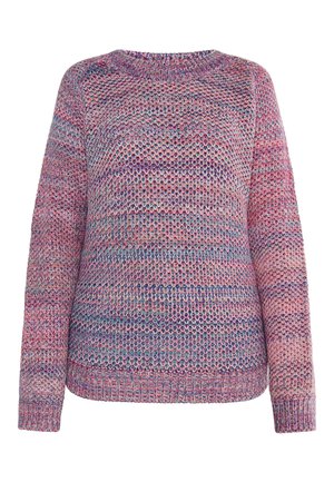 Pull en maille à manches longues en fil mélangé rose, violet et bleu avec un col rond, des poignets et un bas côtelés.