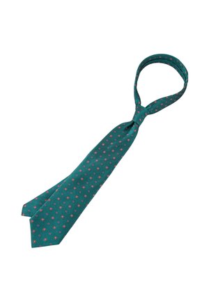 Tyrkis slips med lite rosa og gult blomsterprint, løst knytt med åpen løkke mot hvit bakgrunn.