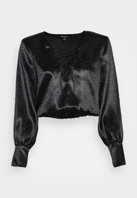 Blusa nera in raso cropped con scollatura a V profonda e chiusura lacciata. Maniche lunghe a sbuffo con polsini elasticizzati; texture liscia e finitura lucida.
