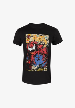 Zwarte katoenen t-shirt met een kleurrijke stripprint van Spider-Man-personages, met rode, blauwe en gele accenten op een textuur achtergrond.