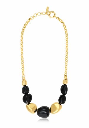 Collier chaîne en or avec de grosses perles lisses noires et dorées irrégulières alternées et un fermoir circulaire.
