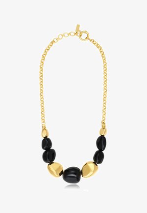 Collier chaîne en or avec de grosses perles lisses noires et dorées irrégulières alternées et un fermoir circulaire.