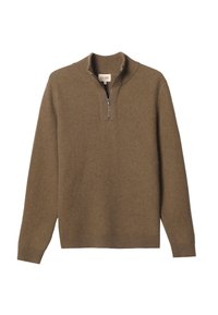 Brauner Pullover aus Wollstrick mit einem Viertel-Reißverschluss vorne, geripptem Kragen und Bündchen, mit strukturiertem Muster und legerer Passform.