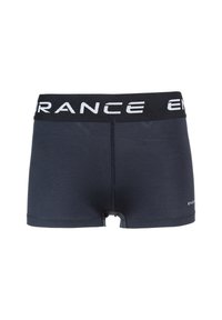 Marineblå boxer shorts med en sort elastisk talje. Taljen har hvid tekst "ENDURANCE". Glat tekstur og tætsiddende design.