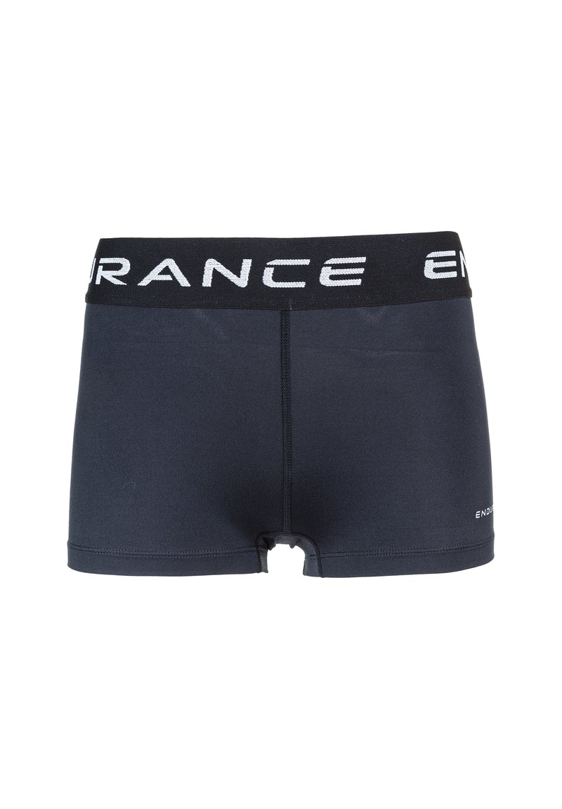Marineblå boxer shorts med en sort elastisk talje. Taljen har hvid tekst "ENDURANCE". Glat tekstur og tætsiddende design.