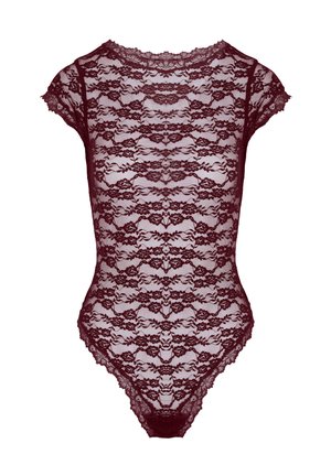 Burgundy lace bodysuit with cap sleeves and floral pattern, featuring scalloped edges and a sheer, fitted design.